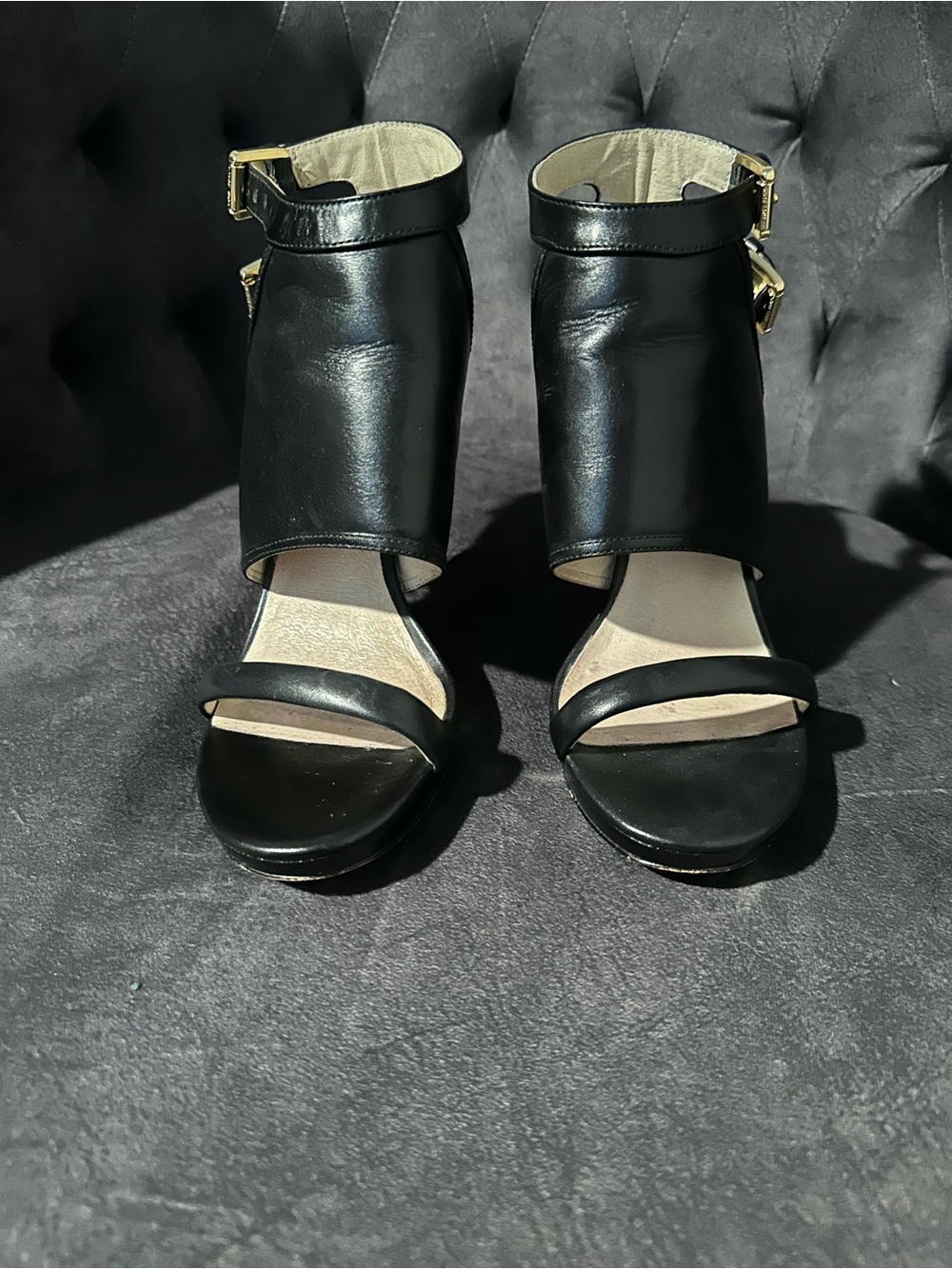 Michael Kors Asta Black Leather Open-Toe Ankle Strap Heels with Gold Buckles - Picture 5 of 7